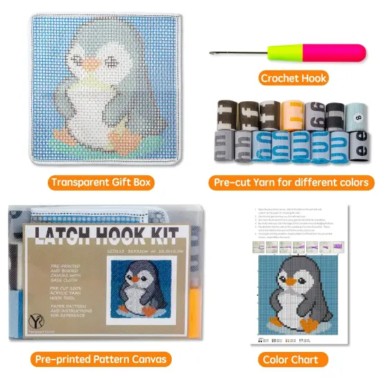 Latch Hook Kits for Kids Adults DIY Rug Tapestry Kits with Printed Canvas Embroidery Kits Festival Gifts Home Decoration (Penguin,11.8inch X 11.8inch) {5}