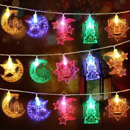 1 Pack 16 ft Moon Star Ramadan String Lights 30 LEDs, Battery Operated Eid Mubarak Fairy Lights for Ramadan Decoration, Eid Decorative Lights with Remote Control (Colorful) {1}