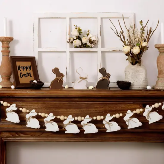 Bunny Chorus Easter Decorations Garlands, Cute Easter Bunny with Wooden Beads Garland, Rustic Easter Banner for Wall Home Indoor Outdoor Spring Decor Supplies {3}