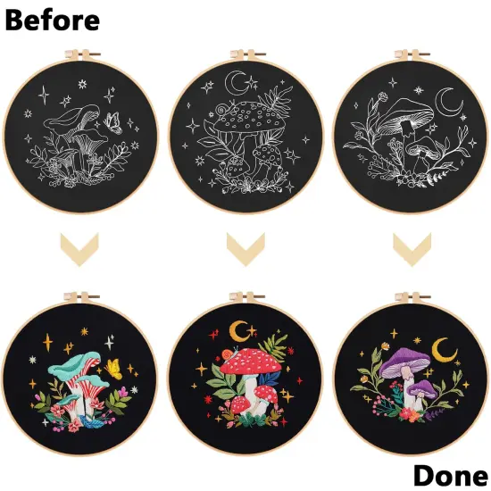 Nuberlic 3 Pack Embroidery Kit for Beginner Adults, Stamped Cross Stitch with Mushroom Patterns Include 3 Hoop, Cloth Thread Needles and Instructions {6}
