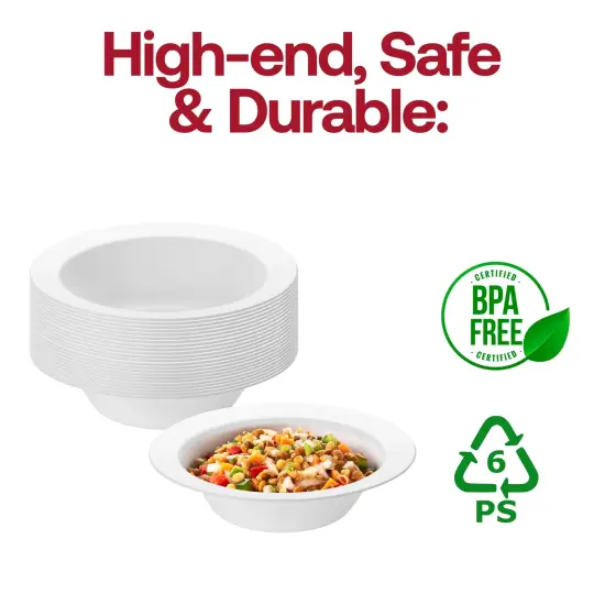 Solid White Edge Rim Round Disposable Plastic Dessert Bowls - 5 oz. (120 Bowls) {4}