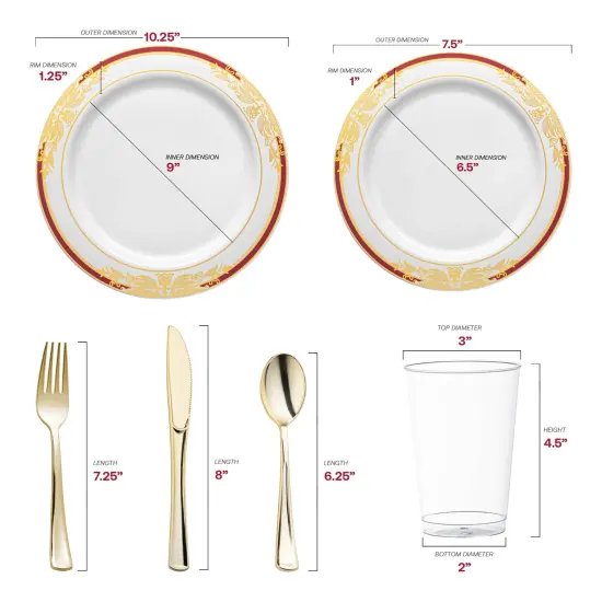 White with Burgundy and Gold Harmony Rim Plastic Wedding Value Set (20 Settings) {2}