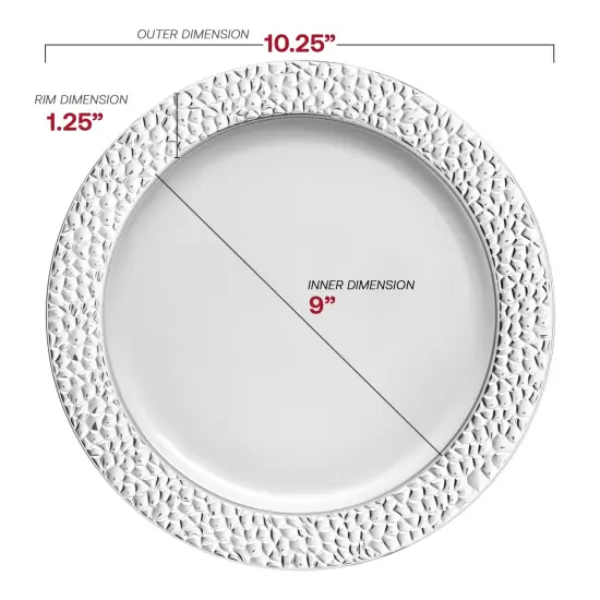 White with Silver Hammered Rim Round Plastic Dinner Plates - 10.25" (120 Plates) {3}