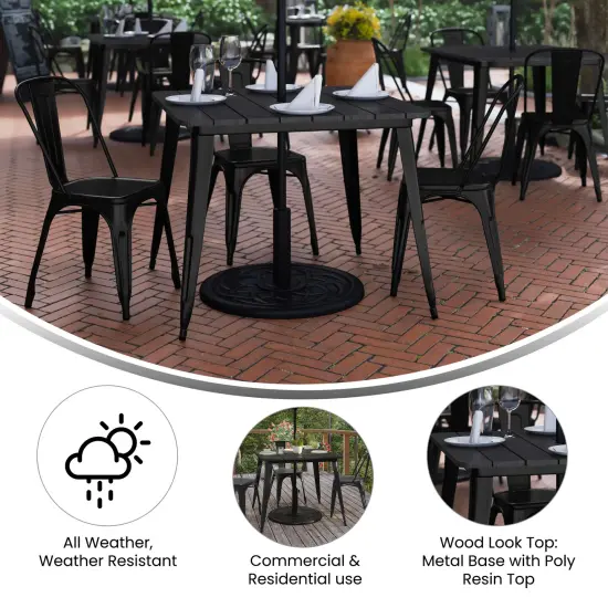 Merrick Lane Dryden Indoor/Outdoor Dining Table with Umbrella Hole, 36" Square All Weather Poly Resin Top and Steel Base BrownTop/BlackFrame {10}