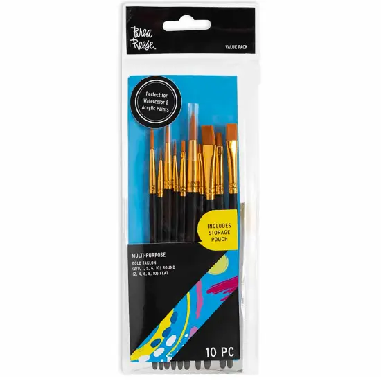 Brea Reese: Brush Set: Value Pack - 10pc - Gold Taklon Bristles, Storage Pouch, Perfect for Watercolor & Acrylic Paints, Adult Art Supplies {1}