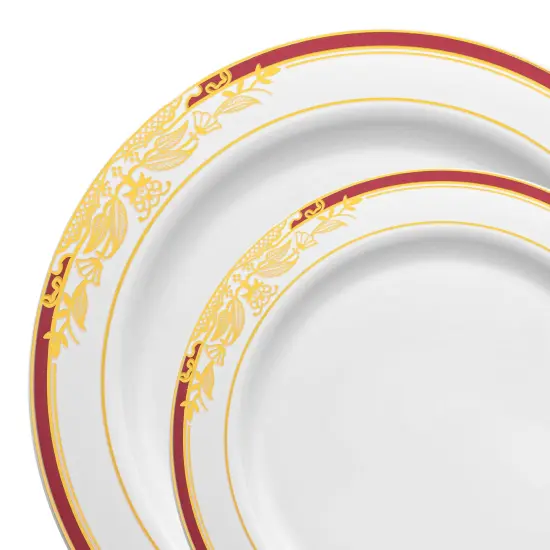 White with Burgundy and Gold Harmony Rim Plastic Dinnerware Value Set (120 Guests) {1}