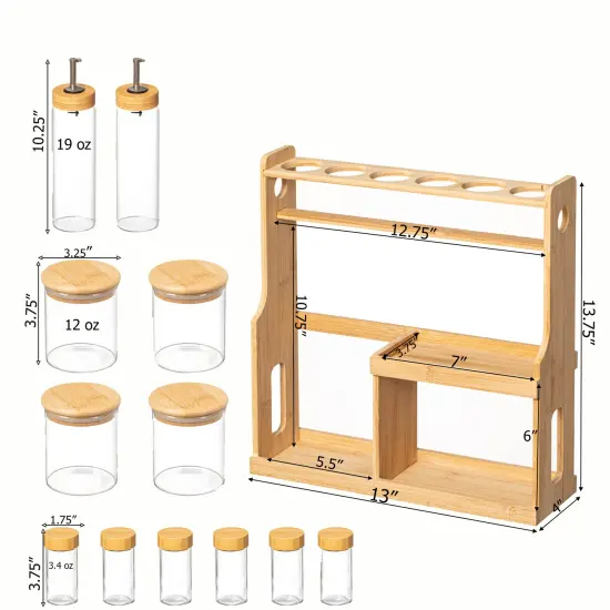 Basicwise 3-Tier Bamboo Spice Rack with 6 Spice Shaker Bottles, 4 Airtight Jars and 2 Soy Sauce or Olive Oil Dispenser Bottle Perfect for Kitchen Organization, Dining Room Display, and Pantry Storage {6}