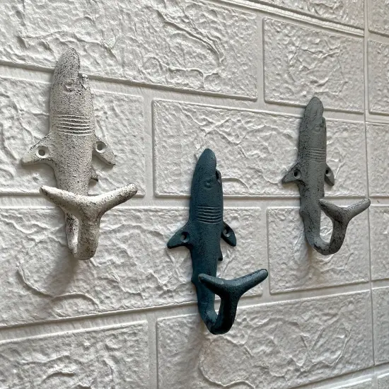 Set of 3 Shark Wall Hooks in Blue, Gray, White &ndash; Perfect for Nautical Themes {5}