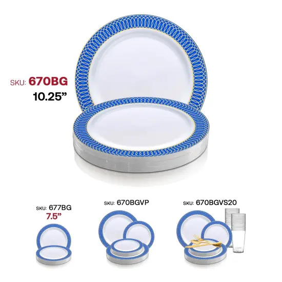 White with Gold Spiral on Blue Rim Plastic Dinner Plates - 10.25" (120 Plates) {6}