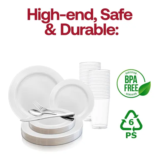 White with Silver Edge Rim Plastic Wedding Value Set (20 Settings) {4}