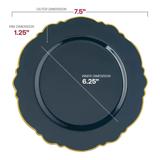 Navy with Gold Rim Round Blossom Disposable Plastic Appetizer/Salad Plates - 7.5" (120 Plates) {3}