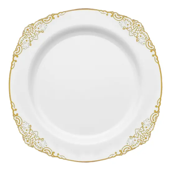 White with Gold Fancy Round Disposable Plastic Dinner Plates - 10.25" (120 Plates) {2}