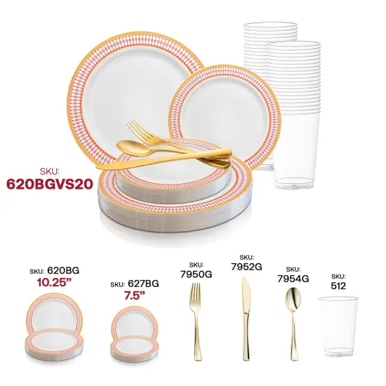White with Red and Gold Chord Rim Plastic Wedding Value Set (120 Settings) {5}