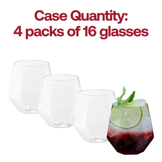 Clear Hexagonal Stemless Plastic Wine Goblets - 12 oz. (64 Glasses) {5}