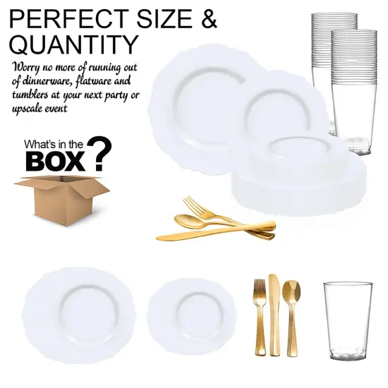 Solid White Round Blossom Disposable Plastic Wedding Value Set (60 Settings) {4}