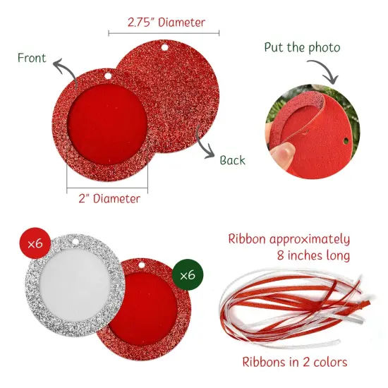 Wrapables Christmas Holiday Glittery Felt Photo Frame Ornaments (Set of 12), Red and Silver Circle {2}