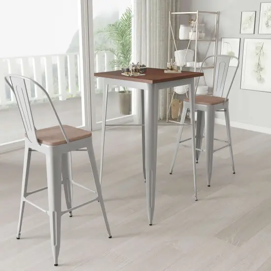 Merrick Lane Modern 23.5" Square Metal Table with Rustic Wood Top for Indoor Use Black {7}