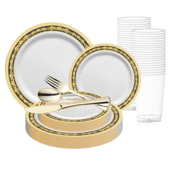 White with Black and Gold Royal Rim Plastic Wedding Value Set (120 Settings) {1}