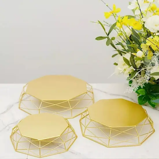 3 Gold Geometric Octagon Metal CAKE STAND Dessert Display Riser Party Supplies {3}