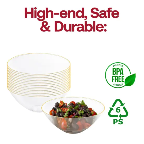 Clear with Gold Rim Organic Round Disposable Plastic Bowls - 32 oz. (60 Bowls) {4}