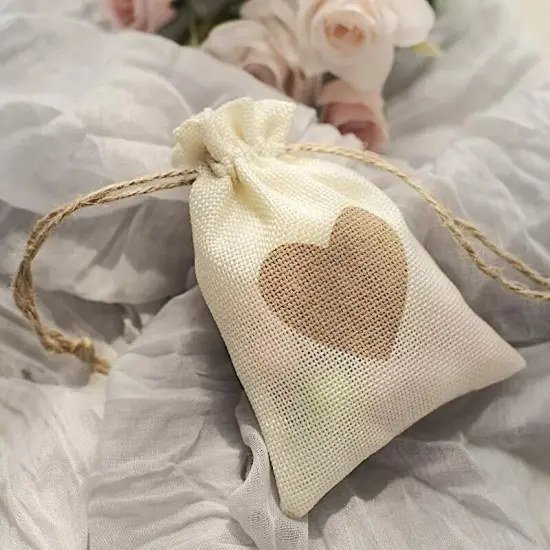 20 Natural Ivory Faux Burlap FAVOR BAGS Heart Design Party Events Decorations {4}