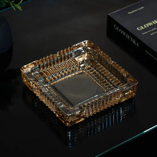 Basicwise Luxury Large Glass Ashtray with 4 Slots for Cigarettes and Cigars, Transparent Square Design for Men - Ideal for Home, Office and Tabletop Decoration - Perfect for Indoor and Outdoor Use {2}