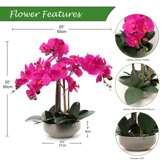 20" Fuchsia Phalaenopsis Orchid in Round Grey Pot &ndash; Beautiful Artificial Flowers with Natural Leaf Details, Elegant Decor for Homes, Offices, and Special Occasions {2}