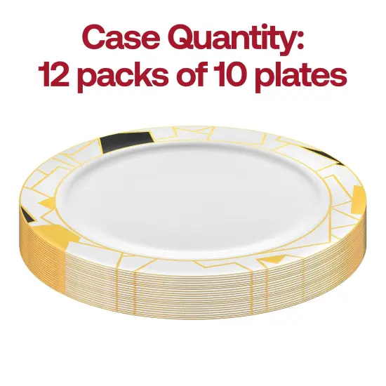 White with Black and Gold Abstract Squares Pattern Round Disposable Plastic Dinner Plates - 10.25" (120 Plates) {4}