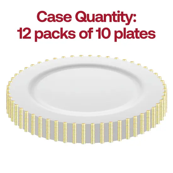 White with Gold Pearl String Round Disposable Plastic Dinner Plates - 10" (120 Plates) {3}