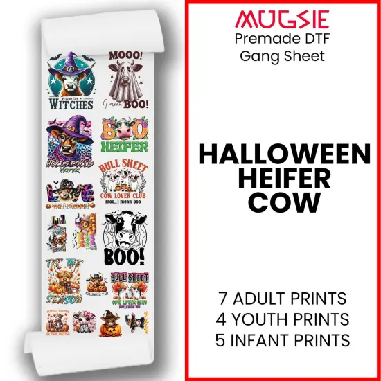 Halloween Heifer Cow Transfer 22x60 Direct-to-Film Gang Sheets Iron On Transfers - 7 Adult Prints 4 Youth Prints And 5 Pocket Prints {1}