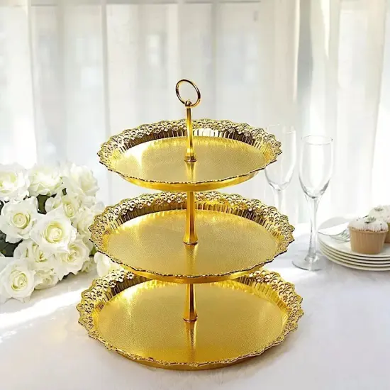 15" Metallic Gold 3 Tier Plastic Cupcake Stand Round Tower Lace Cut Trim Party {4}