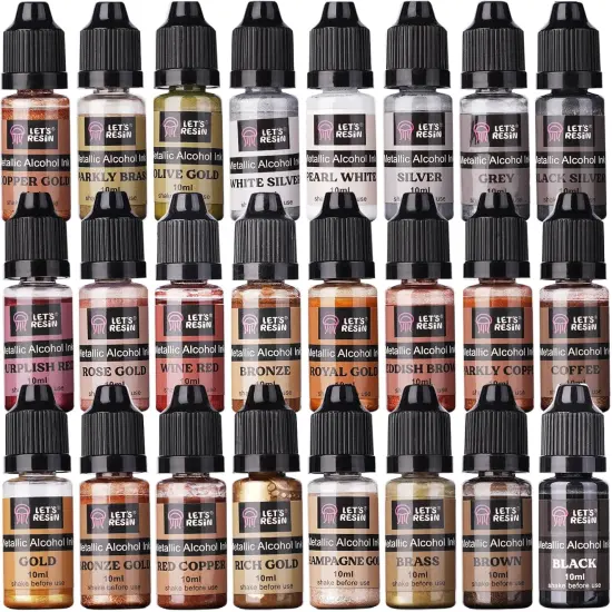 LET'S RESIN Metallic Alcohol Ink Set-24 Colors Metal Color Alcohol Based Resin Ink, High Concentrated & Shimmer Mixatives, Alcohol Paint for Epoxy Resin, Resin Petri, Tumblers, Coasters(Each 0.35oz) {1}