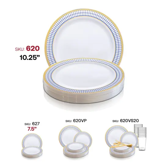 White with Blue and Gold Chord Rim Plastic Dinner Plates - 10.25" (120 Plates) {6}