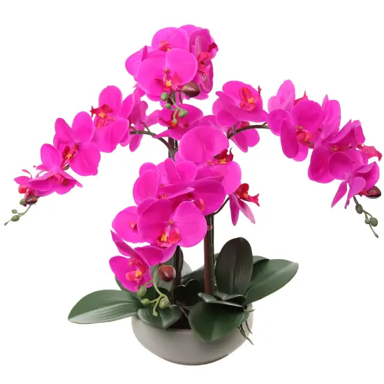 20" Fuchsia Phalaenopsis Orchid in Round Grey Pot &ndash; Beautiful Artificial Flowers with Natural Leaf Details, Elegant Decor for Homes, Offices, and Special Occasions {3}