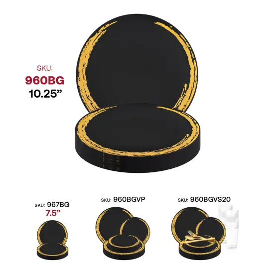 Black with Gold Moonlight Round Disposable Plastic Dinner Plates - 10.25" (120 Plates) {6}