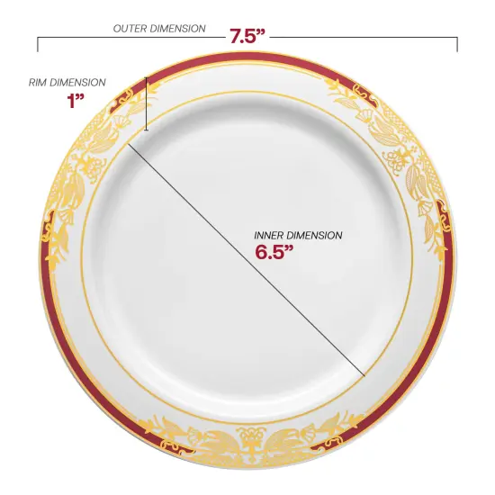 White with Burgundy and Gold Harmony Rim Plastic Appetizer/Salad Plates - 7.5" (120 Plates) {3}