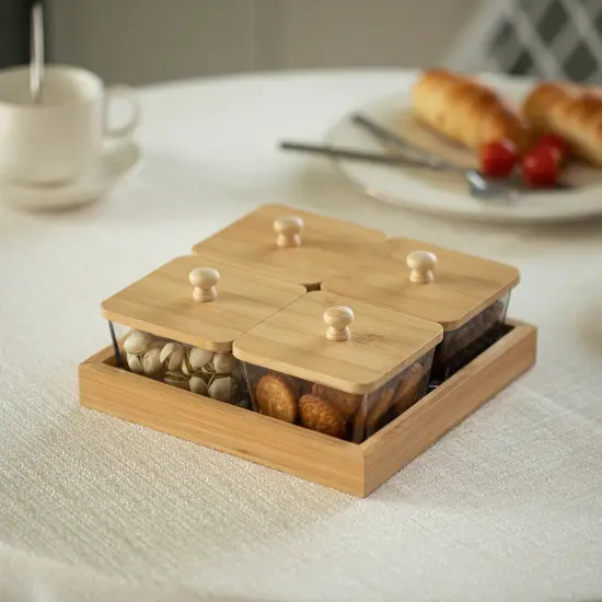 Basicwise Set of Glass Jars with Bamboo Lids and Wooden Tray &ndash; Charcuterie, Snack Organizer, and Fruit Platter for Party, Candy Jars, Cookies, Nuts, Fruits and Snack Box {3}