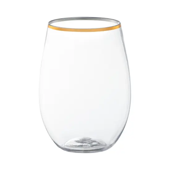 Clear with Gold Elegant Stemless Plastic Wine Glasses - 16 oz. (64 Glasses) {1}