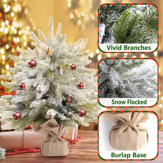 Mini Snow Flocked Artificial Christmas Tree 22" Small Xmas Snowed Pine Burlap Base Home Office Tabletop Winter Holiday Decor {4}