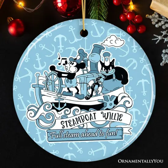 Full Steam Ahead to Fun Quote Ornament, Nostalgic Steamboat Willie Christmas Gift {1}