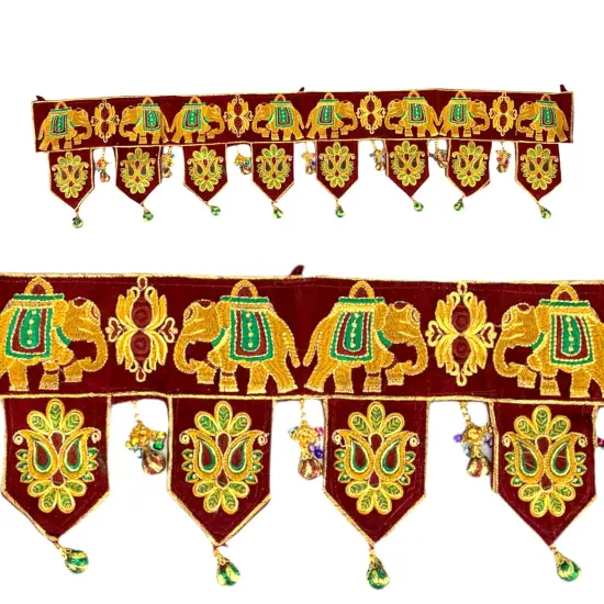 Indian Fabric Door Toran 36 Inch Bhandarwal Hanging Valance Elephant Velvet Traditional Wall Decorative for Window Home Temple Decor Wedding Diwali Navratri Puja Housewarming Decorations {2}