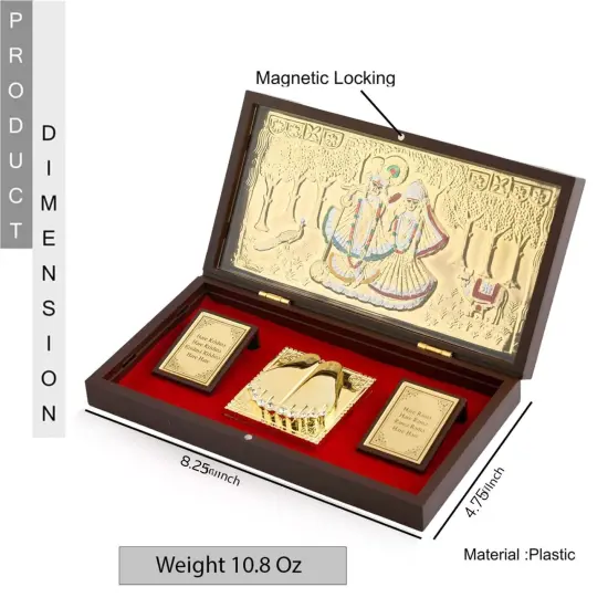 Large Gold Plated Radha Krishna Photo Frame with Charan Paduka for Diwali Housewarming Return Gift Worship Pooja Room Decor Hindu God Religious Devotional Paduka Prayer Box {4}