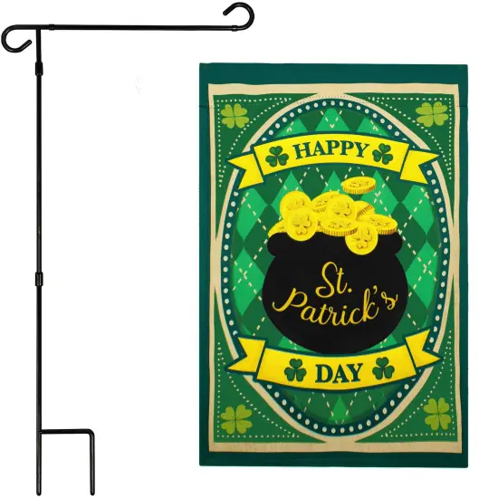 G128 Combo Pack: Garden Flag Stand 36x16IN & Garden Flag Happy St. Patrick's Day Pot Gold Printed 12x18IN Double Sided {1}
