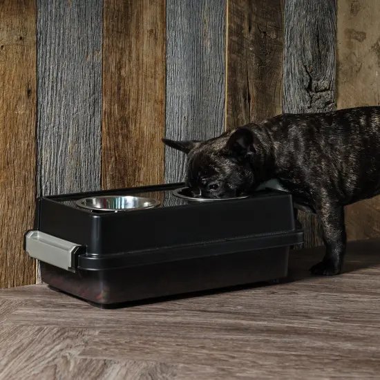 IRIS USA 2-in-1 Elevated Dog Bowls 6" H with Airtight Pet Food Storage Container 5 Lbs, 16 oz Stainless Steel Bowls, Smoke/Black {5}