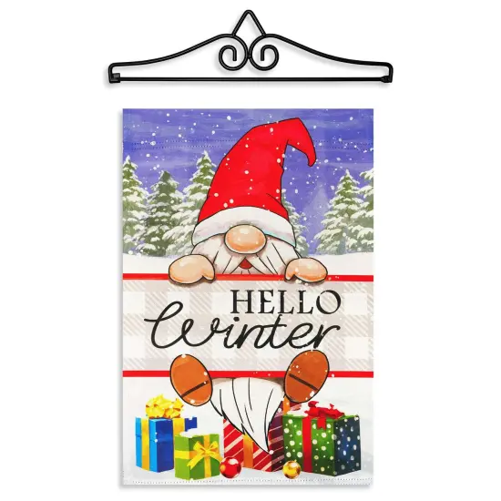 G128 Combo Pack Garden Flag Hanger 14IN & Garden Flag Hello Winter Gnome Gifts Printed 12x18IN Double Sided {1}