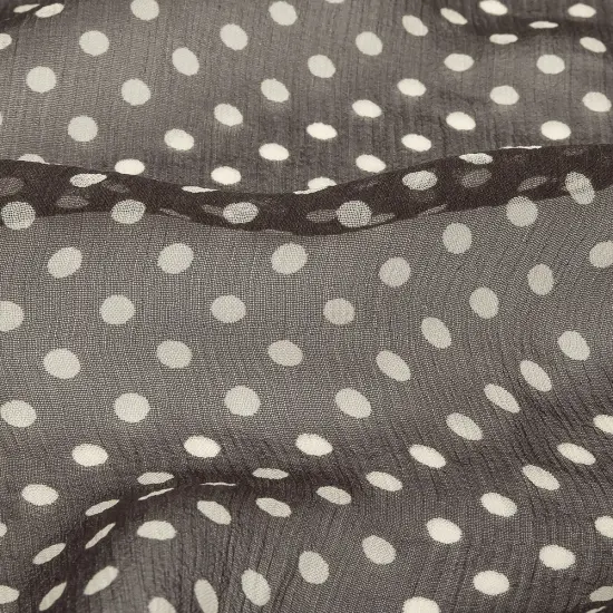 1 Yard Charcoal & Cannoli Cream Polka Dotted Silk Chiffon 50" Wide Crinkled Fabric for Dresses {2}