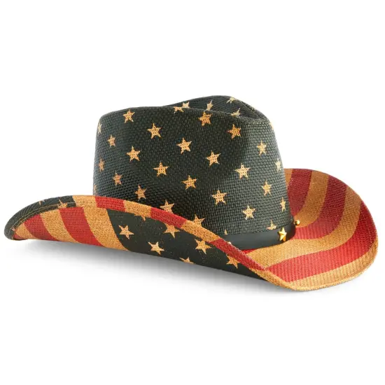 USA Straw American Flag Cowboy Hat for Men, Women, Looks Vintage Cowgirl Hat for Costume Party (Adult Size) Brown {1}