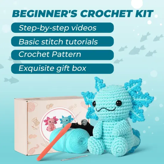 Crochet Kit for Beginners, Crochet Animal Kits, Amigurumi Crocheting Kit for Starters with Step-by-Step Video Tutorials, Beginner Crochet Kit for Adults (1Pack Blue Axolotl) {1}