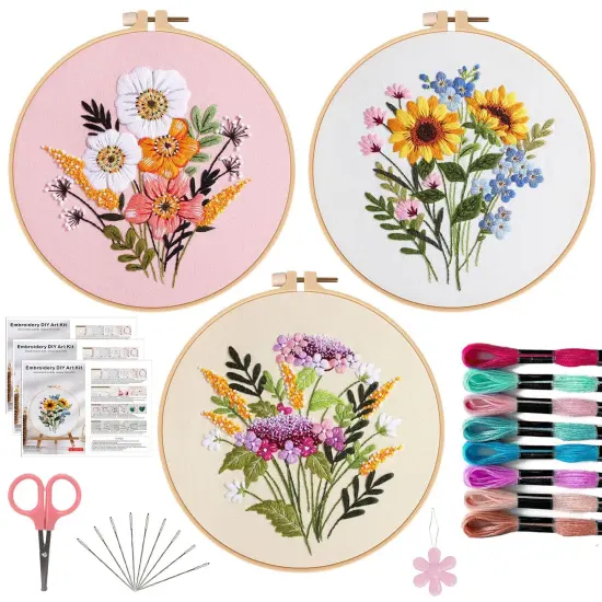 3 PCS Embroidery Kit for Beginners - Cross Stitch DIY Craft Set, Flower Embroidery Accessories & Hoop Included, Hand Embroidery Kit for Adults Stitching Sewing Kit Gift | FlowerB Patterns {1}