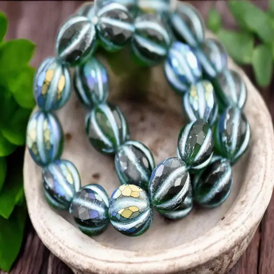 *12* 10mm Turquoise Washed Matte Emerald AB Faceted Round Melon Beads {2}